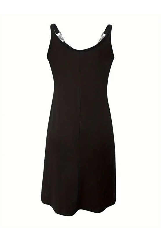 Gökyüzü Moda Kadın Askılı V Yakalı Toka Detaylı Janjan Krep Elbise