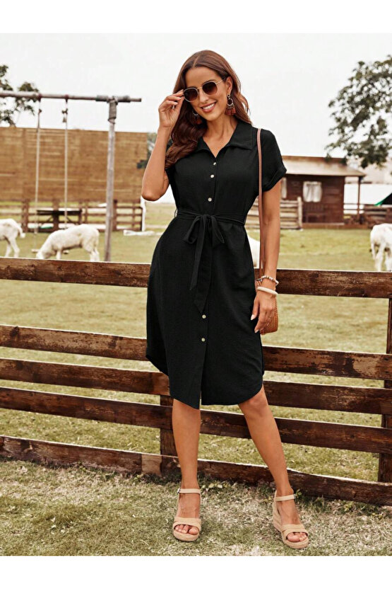 Gökyüzü Moda Kadın Kısa Kollu Yakalı önden Düğmeli Beli Kuşaklı Bürümcük Elbise