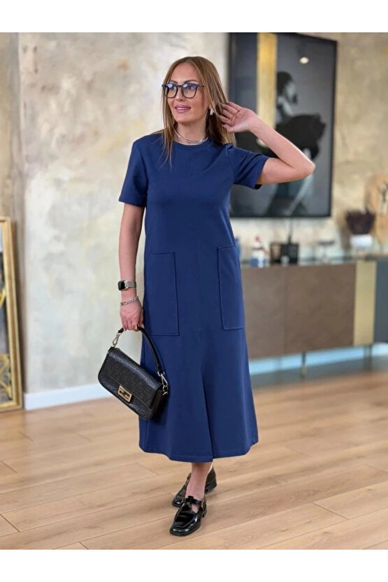 MDB Kadın Kısa Kollu Bisiklet Yakalı Cepli önden Yırtmaçlı Viskon Iki Iplik Midi Elbise