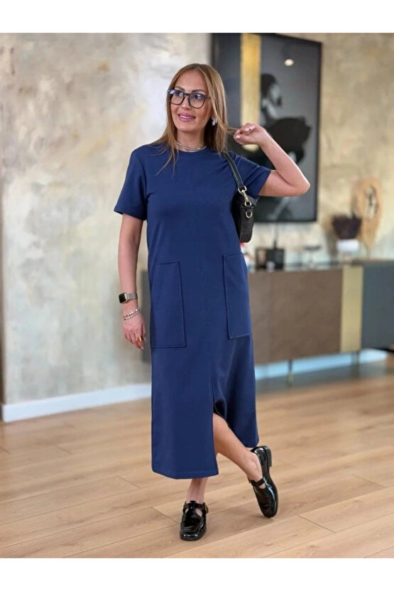 MDB Kadın Kısa Kollu Bisiklet Yakalı Cepli önden Yırtmaçlı Viskon Iki Iplik Midi Elbise