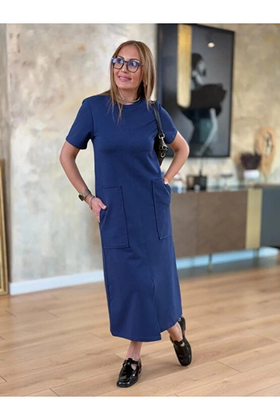 MDB Kadın Kısa Kollu Bisiklet Yakalı Cepli önden Yırtmaçlı Viskon Iki Iplik Midi Elbise