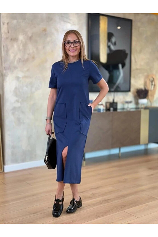 MDB Kadın Kısa Kollu Bisiklet Yakalı Cepli önden Yırtmaçlı Viskon Iki Iplik Midi Elbise