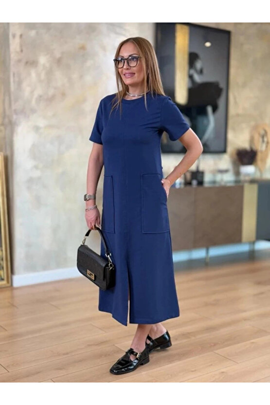MDB Kadın Kısa Kollu Bisiklet Yakalı Cepli önden Yırtmaçlı Viskon Iki Iplik Midi Elbise