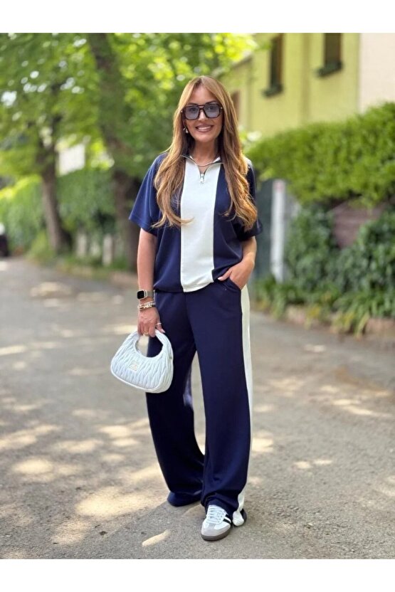 Gökyüzü Moda Kadın Modal Kumaş Yakası Fermuarlı şerit Detaylı Takım