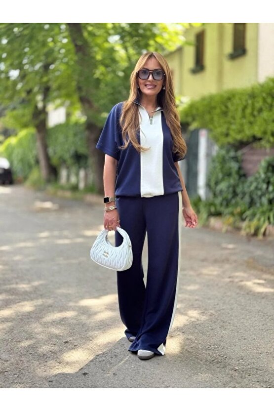 Gökyüzü Moda Kadın Modal Kumaş Yakası Fermuarlı şerit Detaylı Takım