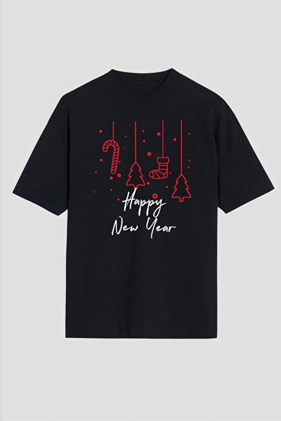 Gökyüzü Moda Happy New Year Baskılı T-shirt - Siyah