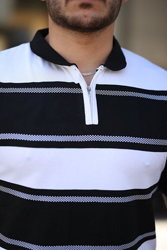 Gökyüzü Moda Erkek Yakalı Fermuarlı çift Renk Kısa Kollu T-shirt