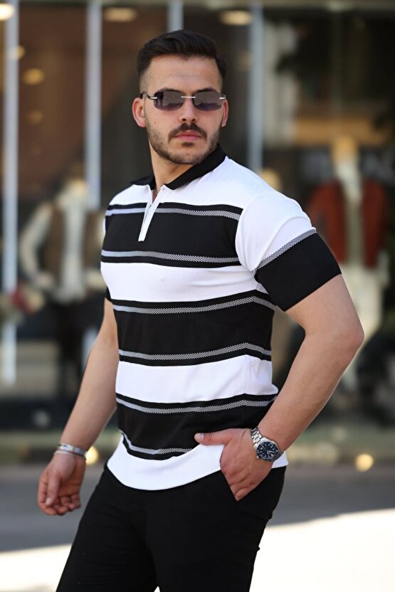 Gökyüzü Moda Erkek Yakalı Fermuarlı çift Renk Kısa Kollu T-shirt