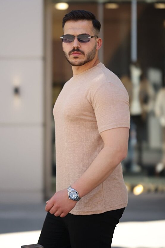 Gökyüzü Moda Erkek Ağaç Kabuğu Desenli Kısa Kollu T-shirt