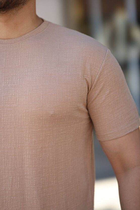 Gökyüzü Moda Erkek Ağaç Kabuğu Desenli Kısa Kollu T-shirt