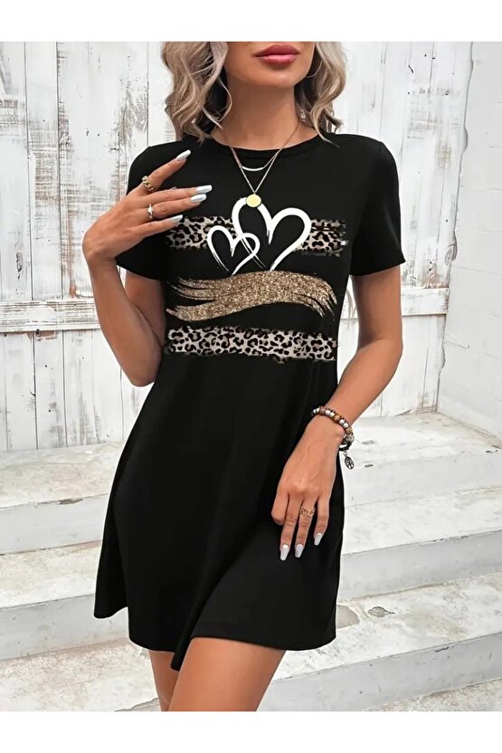 Gökyüzü Moda Kadın Kısa Kollu Bisiklet Yaka Desenli Viskon Elbise