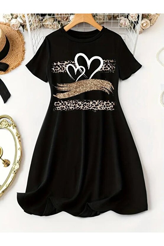 Gökyüzü Moda Kadın Kısa Kollu Bisiklet Yaka Desenli Viskon Elbise