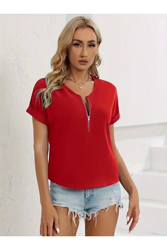 Kadın Kısa Kollu V Yaka Fermuarlı Salaş Sandy Bluz