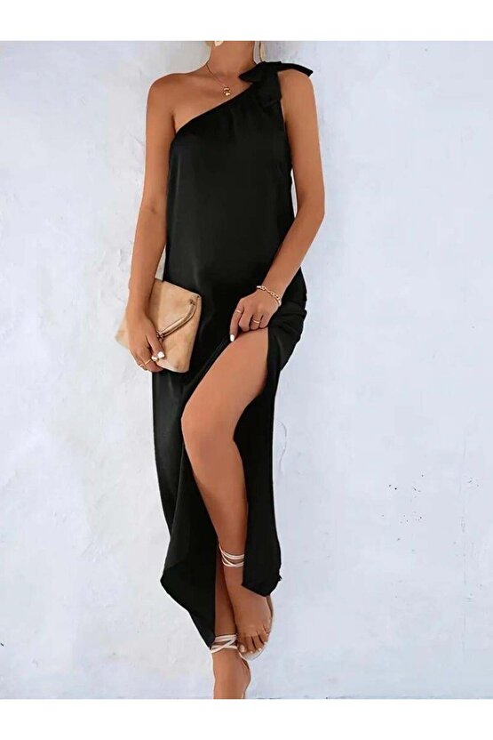 Kadın Tek Omuzdan Askılı Kurdela Detaylı Yırtmaçlı Uzun Janjan Krep Elbise