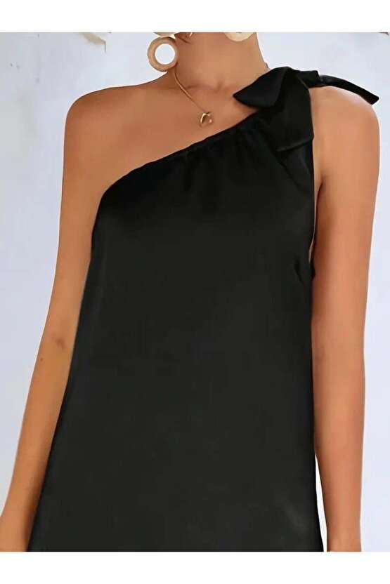 Kadın Tek Omuzdan Askılı Kurdela Detaylı Yırtmaçlı Uzun Janjan Krep Elbise