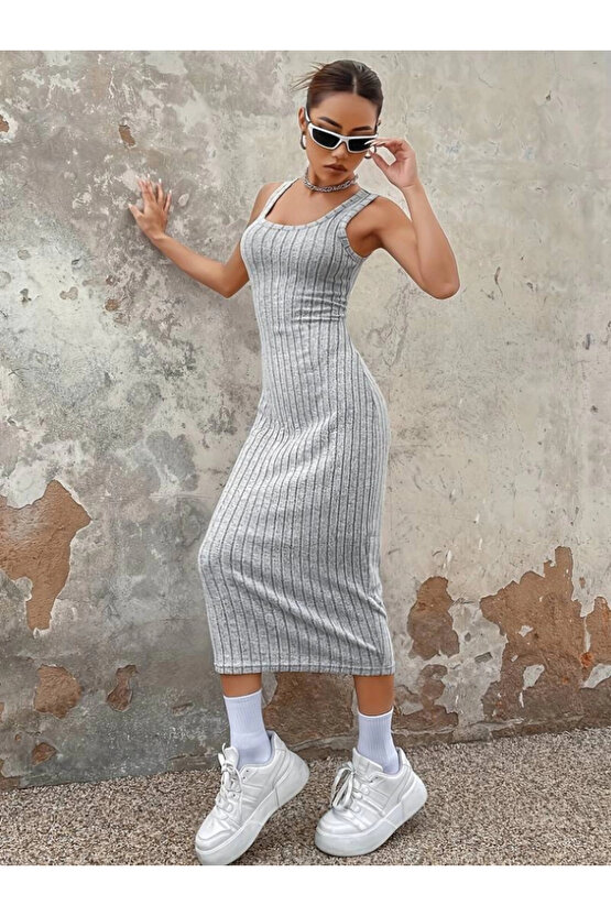 Kadın Kalın Askılı Kare Yaka Fitilli Kaşkorse Midi Boy Elbise