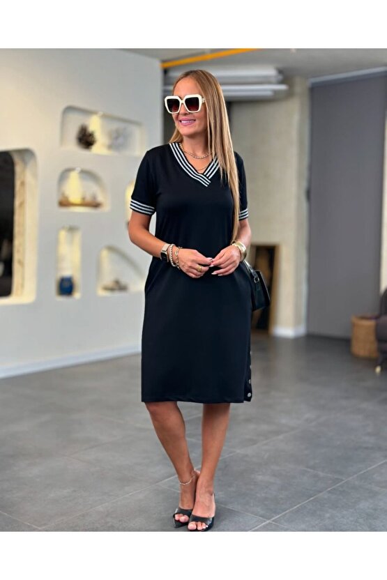 Gökyüzü Moda Kadın Kısa Kollu V Yakalı Yanlardan Yırtmaç Ve Düğmeli Viskon Iki Iplik Elbise