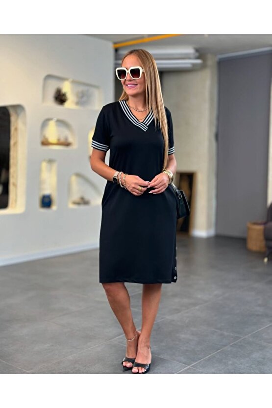 Gökyüzü Moda Kadın Kısa Kollu V Yakalı Yanlardan Yırtmaç Ve Düğmeli Viskon Iki Iplik Elbise