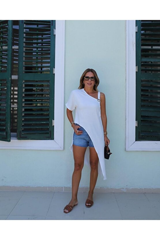 Gökyüzü Moda Kadın Tek Omuzu Açık Askılı Asimetrik Kesim Detaylı Bluz
