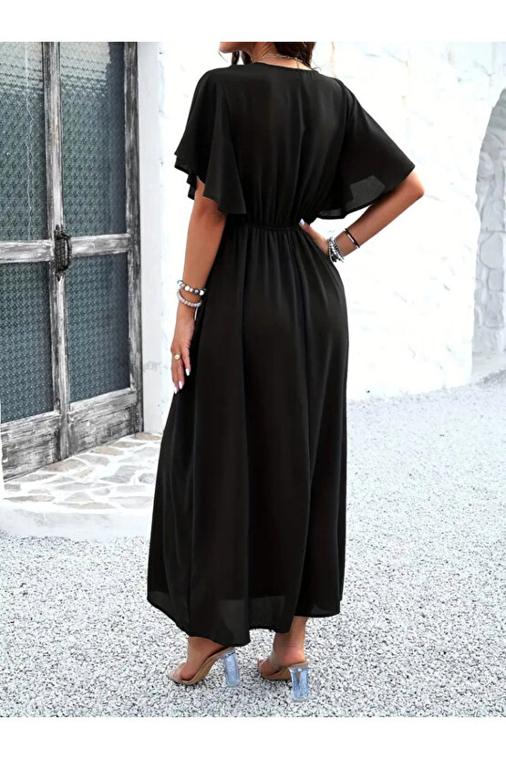 MDB Kadın Kısa Kollu V Yakalı Beli Lastikli Uzun Viskon Elbise