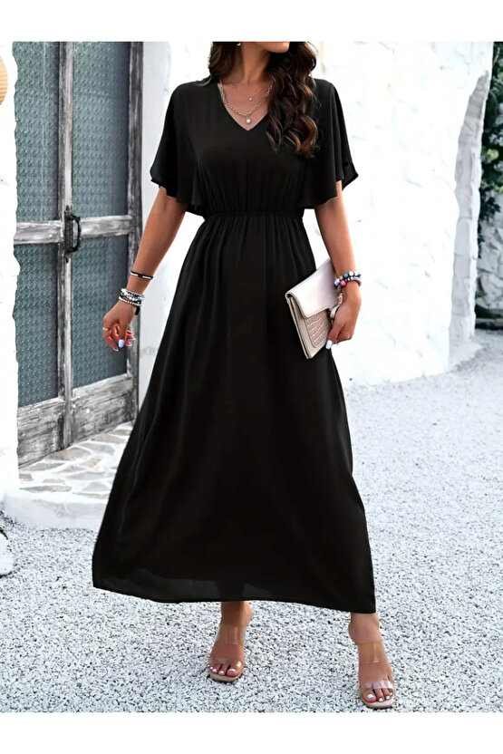 MDB Kadın Kısa Kollu V Yakalı Beli Lastikli Uzun Viskon Elbise