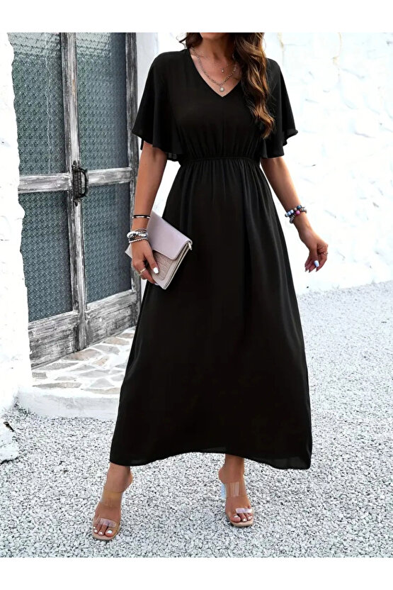 MDB Kadın Kısa Kollu V Yakalı Beli Lastikli Uzun Viskon Elbise