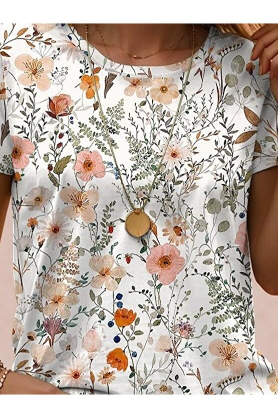 Gökyüzü Moda Kadın Kısa Kollu Bisiklet Yaka çiçek Desenli Viskon Bluz