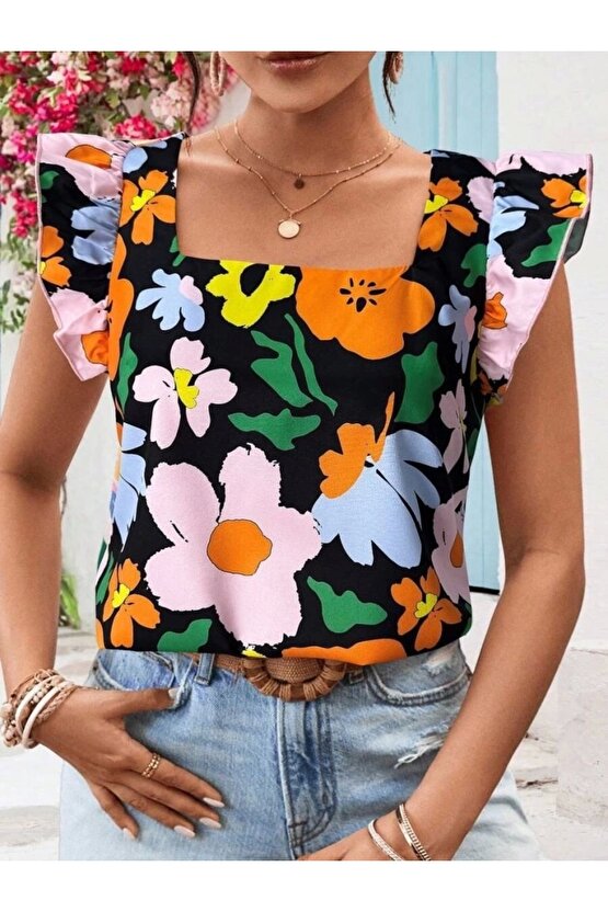 Kadın Kısa Fırfır Kollu Kare Yaka çiçek Desenli Ithal Keten Bluz