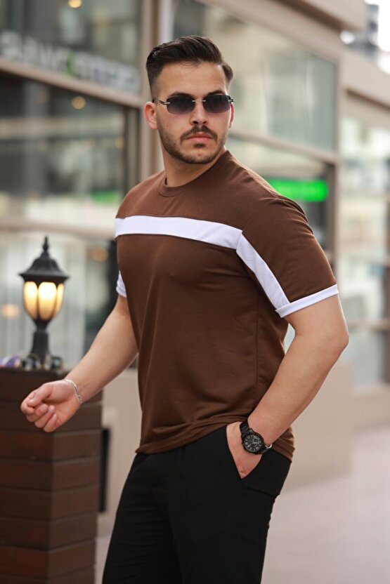 Gökyüzü Moda Erkek şerit Detaylı Kısa Kollu T-shirt