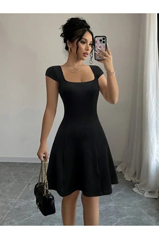 Gökyüzü Moda Kadın Kısa Kollu Geometrik Yakalı Janjan Krep Elbise