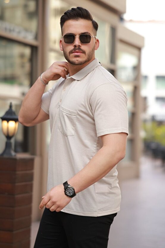 Gökyüzü Moda Erkek Yakalı Mini Jakarlı Kısa Kollu T-shirt