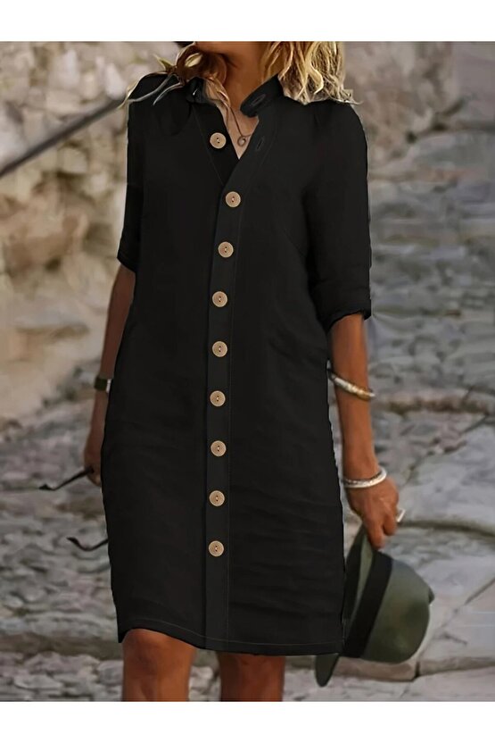 Gökyüzü Moda Kadın Kısa Kollu Hakim Yaka önden Düğmeli Kısa Müslim Elbise