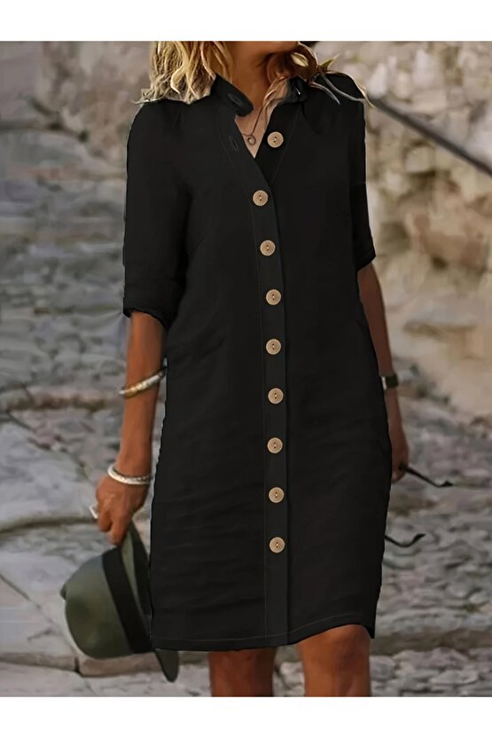 Gökyüzü Moda Kadın Kısa Kollu Hakim Yaka önden Düğmeli Kısa Müslim Elbise