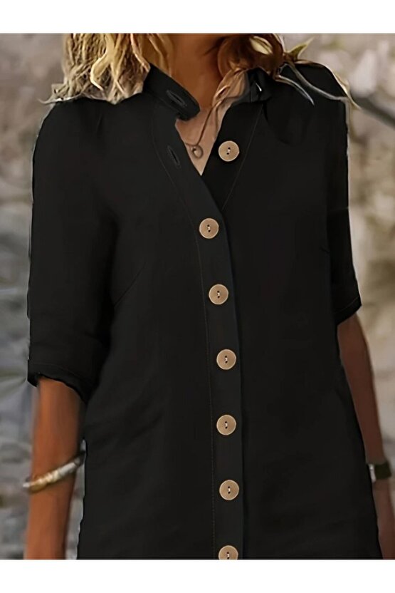 Gökyüzü Moda Kadın Kısa Kollu Hakim Yaka önden Düğmeli Kısa Müslim Elbise