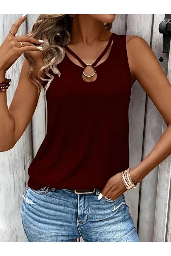 Gökyüzü Moda Kadın Askılı Yaka şerit Halka Detaylı Viskon Bluz