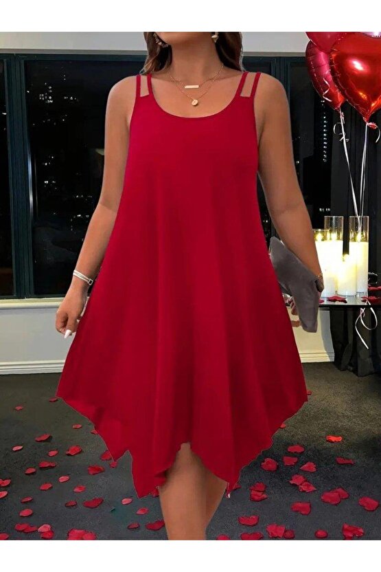 Kadın Askılı Yuvarlak Asimetrik Kesim Detaylı Viskon Elbise