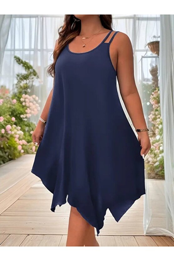 Gökyüzü Moda Kadın Askılı Yuvarlak Asimetrik Kesim Detaylı Viskon Elbise