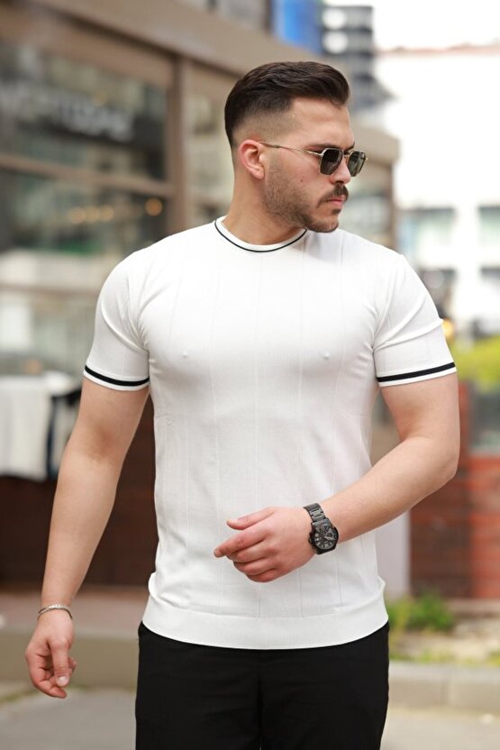 Gökyüzü Moda Erkek Bisiklet Yaka çizgi Desenli Ribanalı Kısa Kollu Tshirt