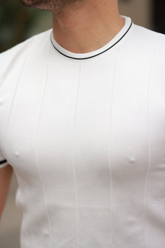 Gökyüzü Moda Erkek Bisiklet Yaka çizgi Desenli Ribanalı Kısa Kollu Tshirt