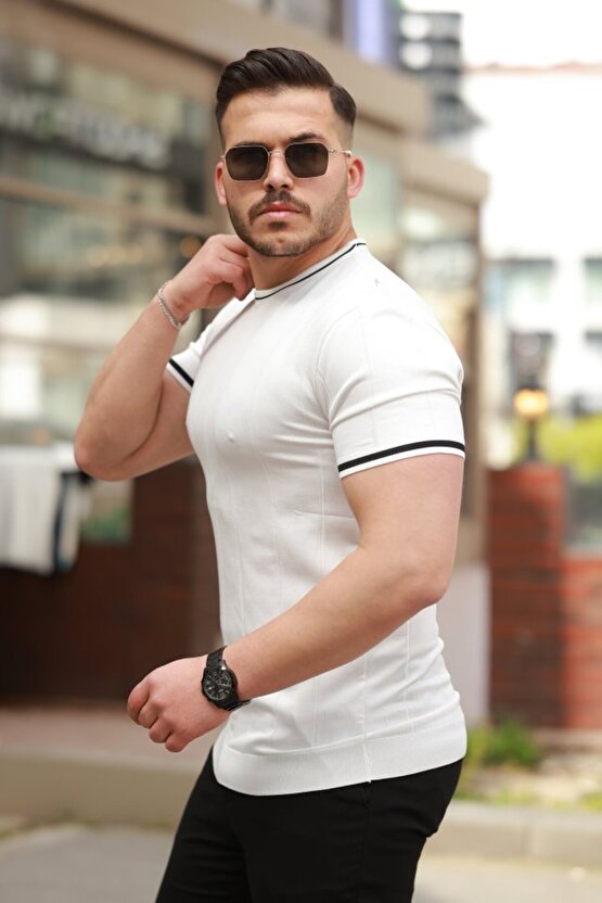 Gökyüzü Moda Erkek Bisiklet Yaka çizgi Desenli Ribanalı Kısa Kollu Tshirt