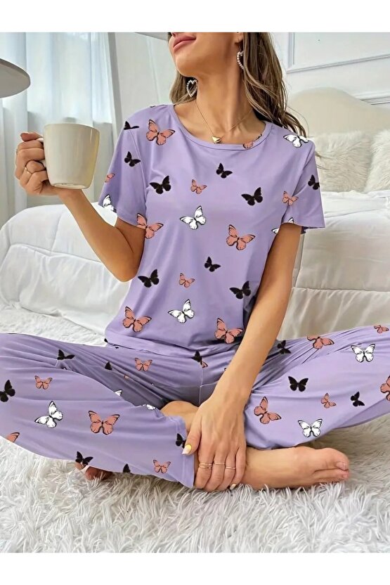 Gökyüzü Moda Kadın Kısa Kollu Bisiklet Yaka Kelebek Baskılı Süprem Ikili Takım