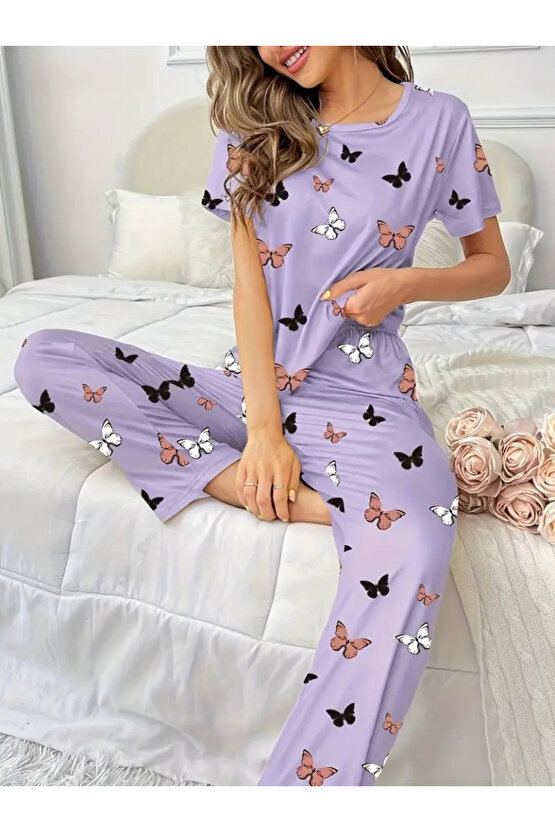 Gökyüzü Moda Kadın Kısa Kollu Bisiklet Yaka Kelebek Baskılı Süprem Ikili Takım