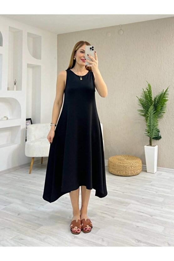 Gökyüzü Moda Kadın Askılı Yuvarlak Yakalı Asimetrik Kesim Detaylı Viskon Elbise