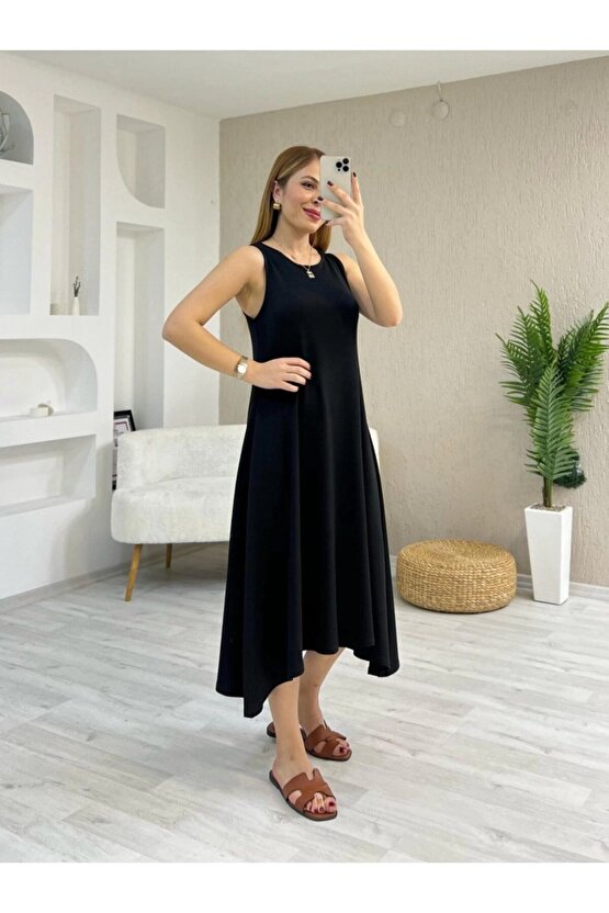 Gökyüzü Moda Kadın Askılı Yuvarlak Yakalı Asimetrik Kesim Detaylı Viskon Elbise