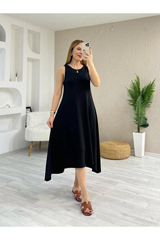 Gökyüzü Moda Kadın Askılı Yuvarlak Yakalı Asimetrik Kesim Detaylı Viskon Elbise