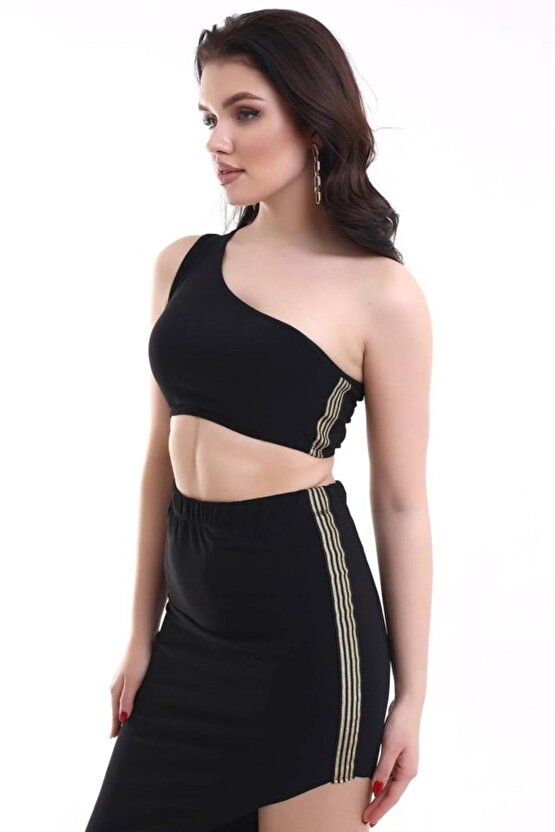 Gökyüzü Moda Kadın Tek Omuzlu Asimetrik Etek Şerit Detaylı Fırsat Ürün Sandy Kumaş İkili Takım