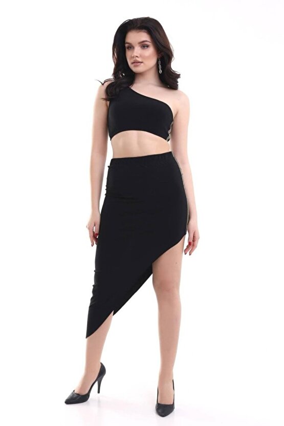 Gökyüzü Moda Kadın Tek Omuzlu Asimetrik Etek Şerit Detaylı Fırsat Ürün Sandy Kumaş İkili Takım