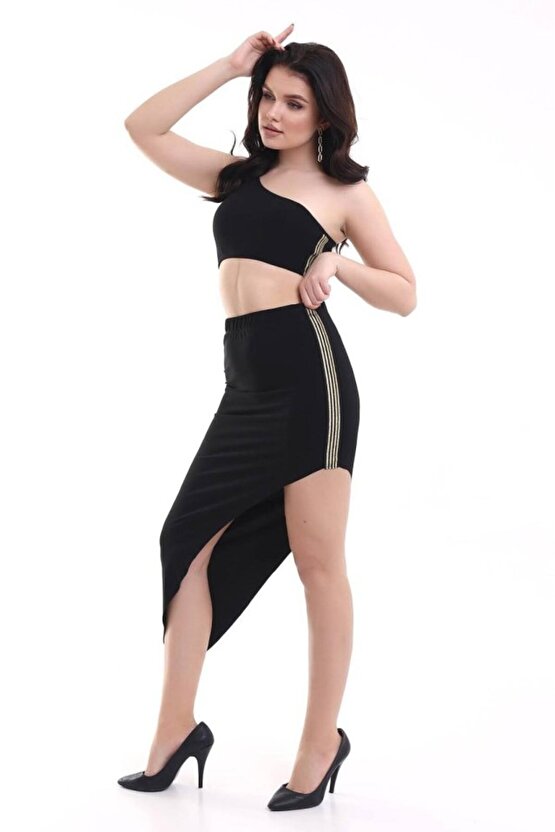 Gökyüzü Moda Kadın Tek Omuzlu Asimetrik Etek Şerit Detaylı Fırsat Ürün Sandy Kumaş İkili Takım