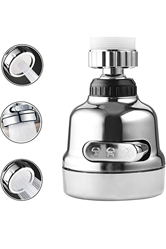 Krom 3 Fonksiyonlu Mutfak Lavabo Başlığı 360 Derece Döner Musluk Ucu Tasarruflu