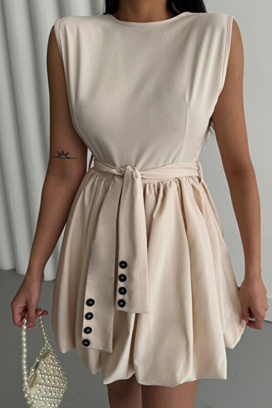 Gökyüzü Moda BALON ETEKLİ TASARIM KISA ELBİSE - Bej